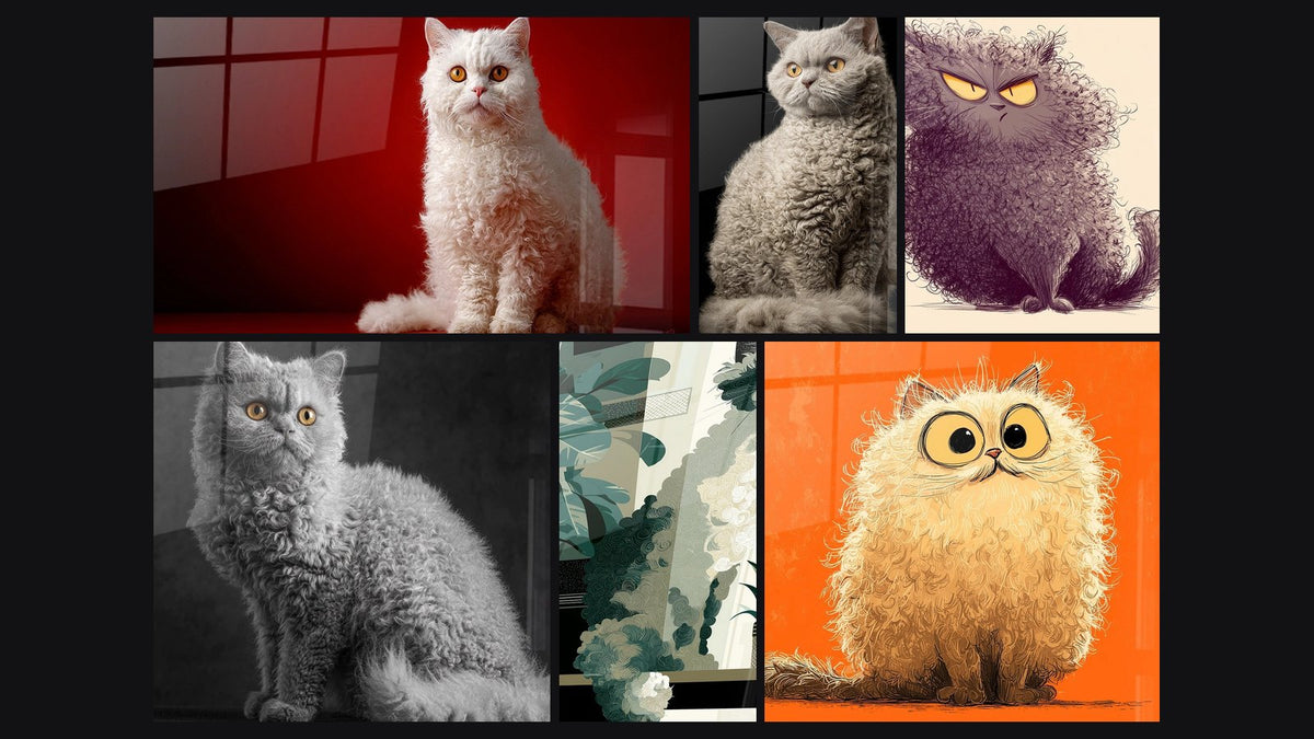 Mosaik aus sechs Gemälden, darunter Weißer Selkirk Rex Katze und Flauschiges Selkirk-Rex-Kätzchen