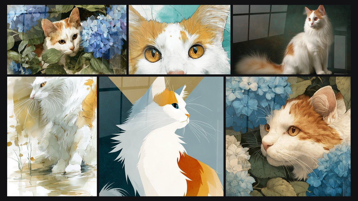Mosaïque de six tableaux, dont Chat Turkish Van dans les Hortensias, Chat blanc aquarelle et Chat Turkish Van Élégant