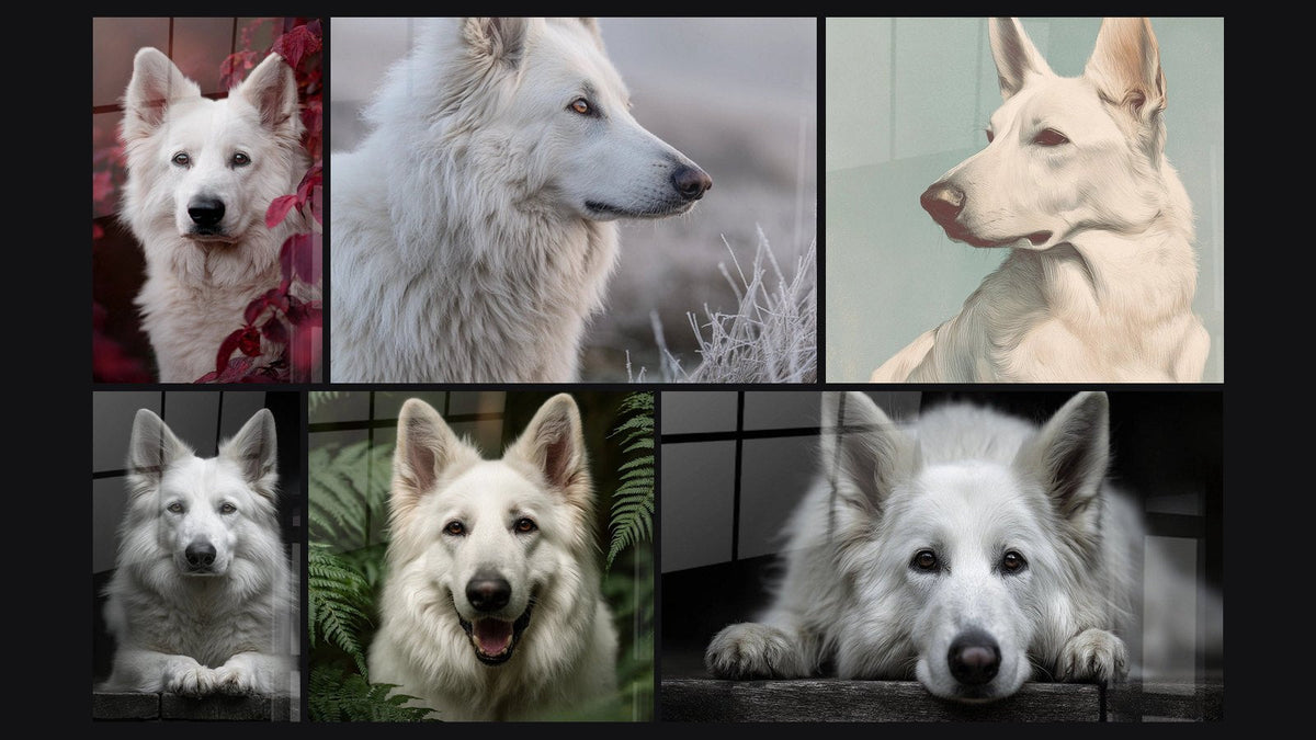 Mosaïque de six tableaux, dont Berger Blanc Suisse Portrait Noir et Blanc et Berger Blanc Suisse Profil Regard Perdu