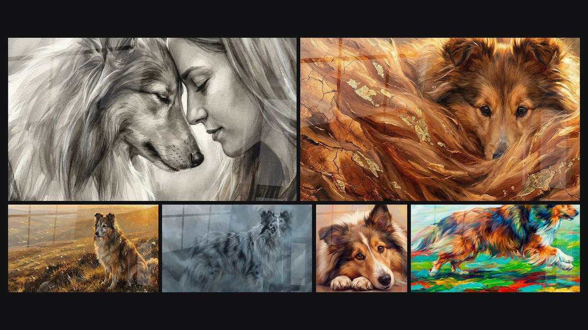 Mosaïque de six tableaux, dont Femme et Chien aux Tons Sépia et Chien aux Yeux Ambrés Allongé