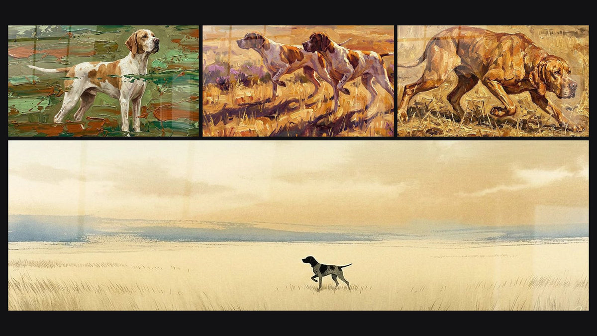 Mosaïque de quatre tableaux, dont Chien en Arrêt dans Prairie Dorée