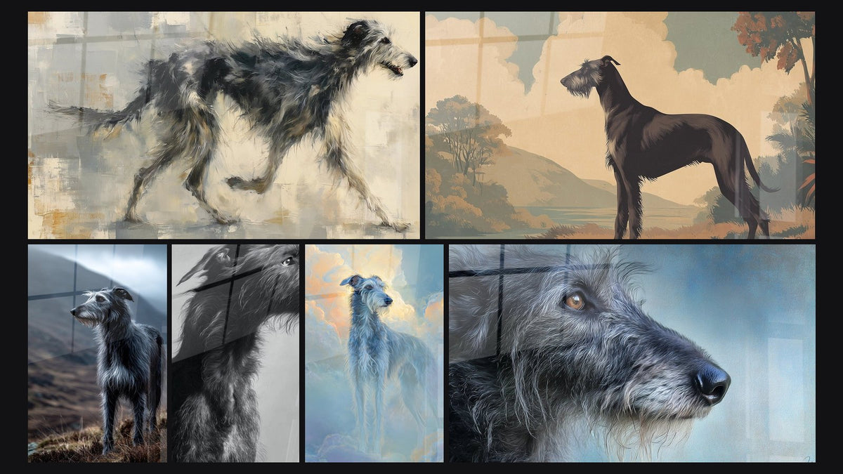 Mosaïque de six tableaux, dont Chien Gris Argenté dans Paysage Montagneux et Chien Profil Monochrome Noir et Blanc
