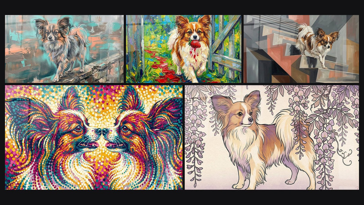 Mosaïque de cinq tableaux, dont Chien Papillon sur Escalier Géométrique