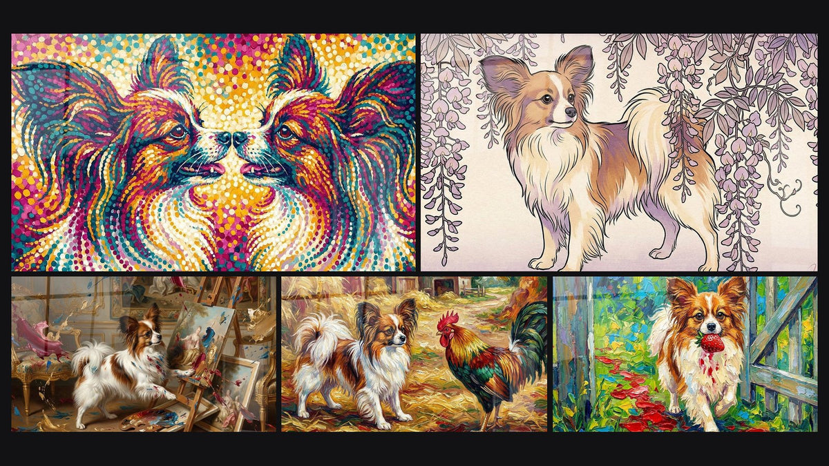 Mosaïque de cinq tableaux, dont Chien Papillon Artiste dans Salon Doré