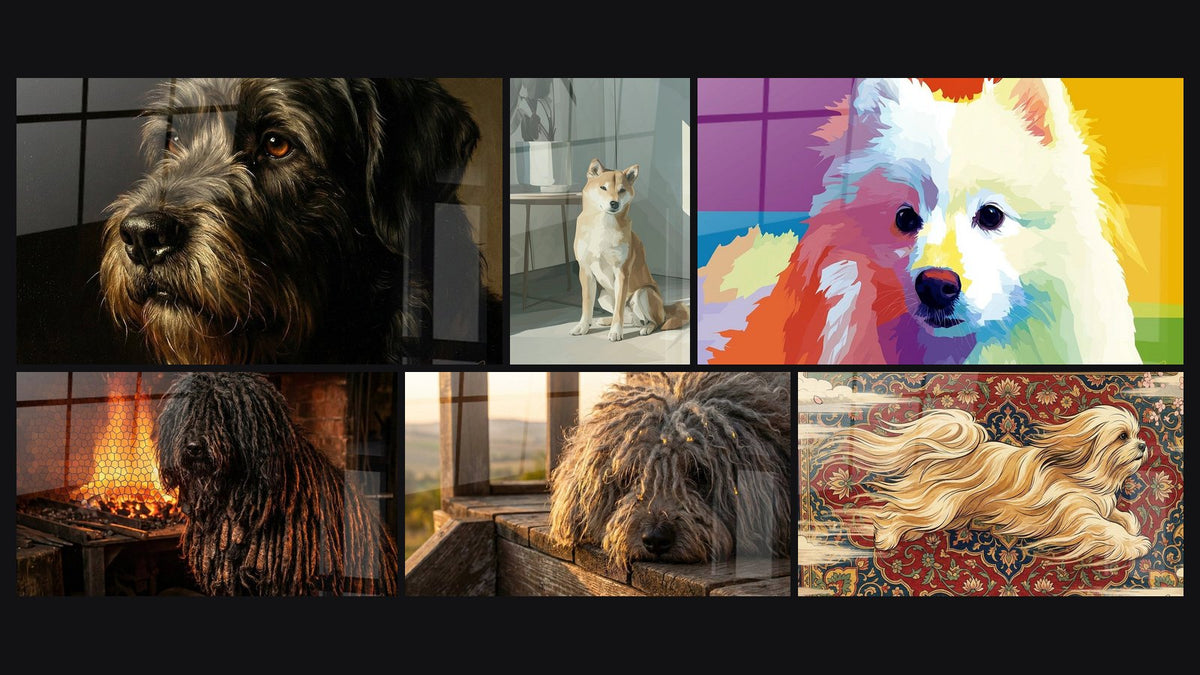 Mosaïque de six tableaux, dont Chien aux Yeux Ambrés en Intérieur et Chien aux Longs Dreadlocks près du Feu