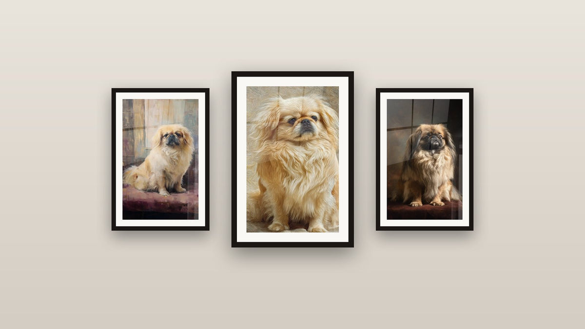 Mur de galerie avec trois tableaux encadrés, dont Chien aux Poils Dorés Effet Pinceau