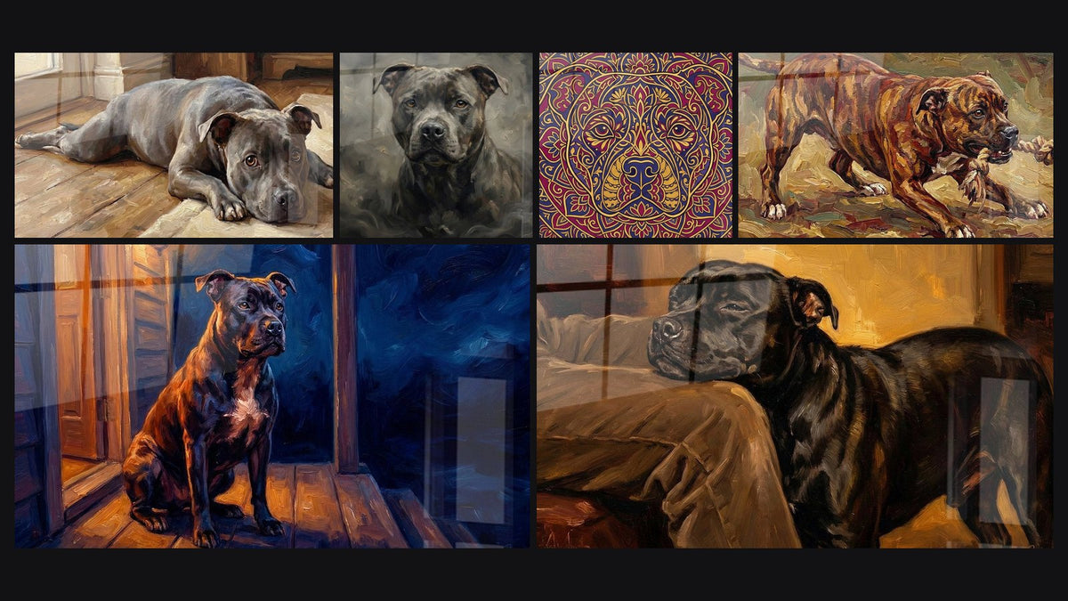 Mosaïque de six tableaux, dont Chien Gris Allongé sur Parquet et Portrait Chien aux Tons Bruns et Gris