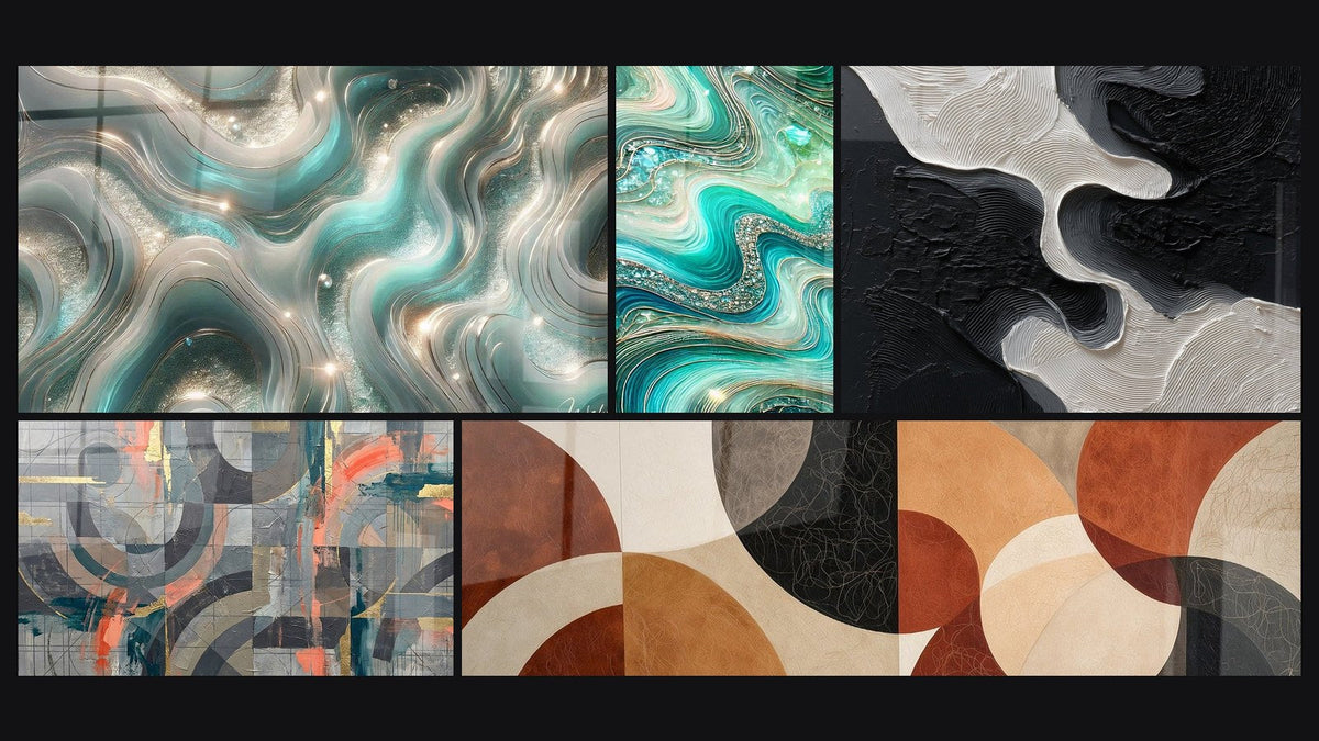Mosaïque de cinq tableaux, dont Ondes Scintillantes, Vagues Cristallines et Cercles gris et corail entrelacés