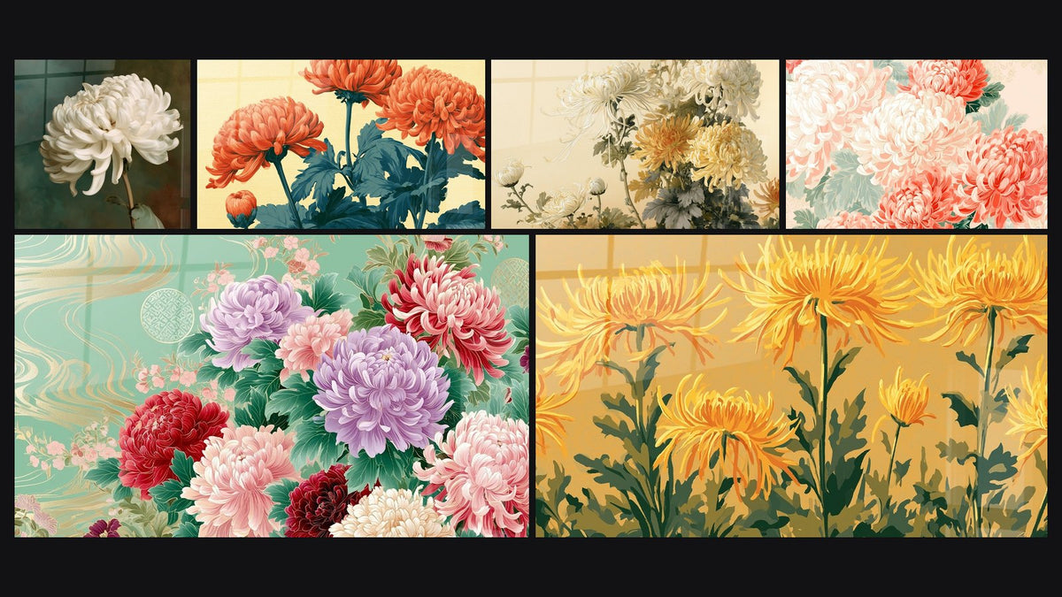 Mosaïque de six tableaux, dont Chrysanthème blanc aux pétales incurvés et Chrysanthèmes blancs et dorés effilés