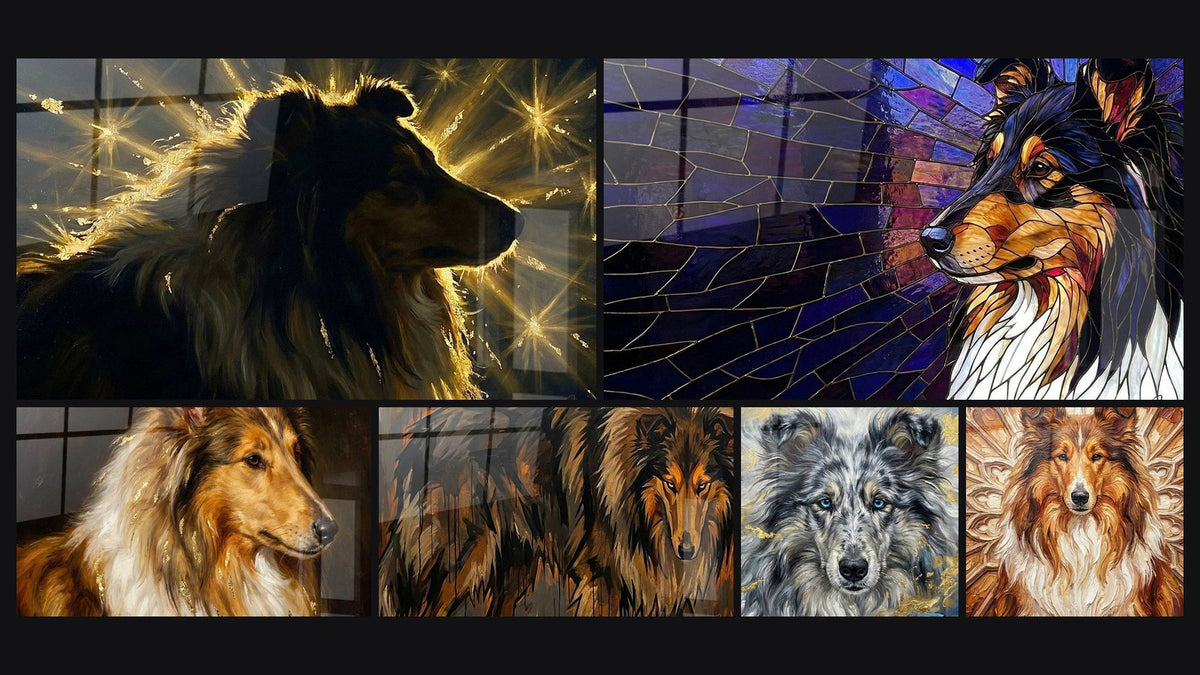 Mosaico de seis cuadros, entre ellos Perro en Rayos Dorados y Perro Tricolor Mosaico Vitral