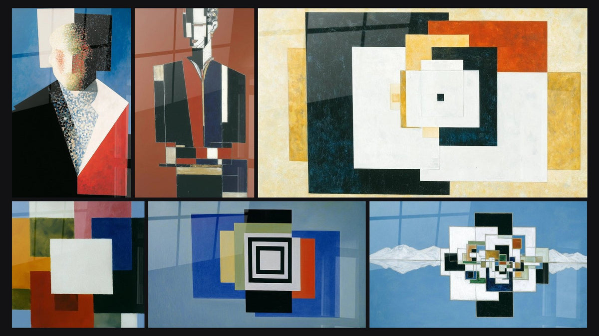 Mosaïque de six tableaux, dont Portrait Architecture Faciale et Portrait Révolution Géométrique