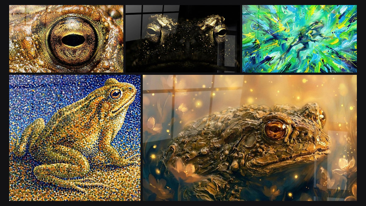 Mosaïque de cinq tableaux, dont Crapaud Mosaïque Dorée aux Reflets Orangés