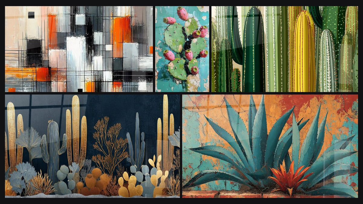Mosaïque de cinq tableaux, dont Mécanique des couleurs et Agave Bleu-Vert sur Fond Coloré Craquelé