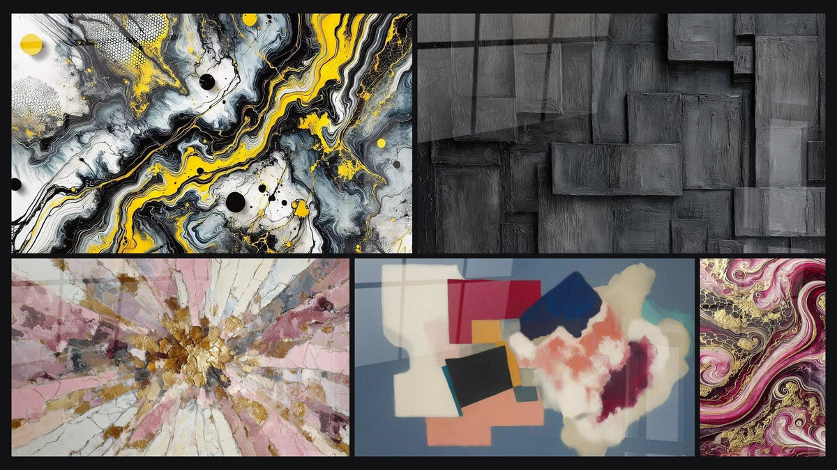 Mosaico de cinco cuadros, entre ellos Impacto Negro, Formas geométricas poesía cuadrada y Llamas Púrpura