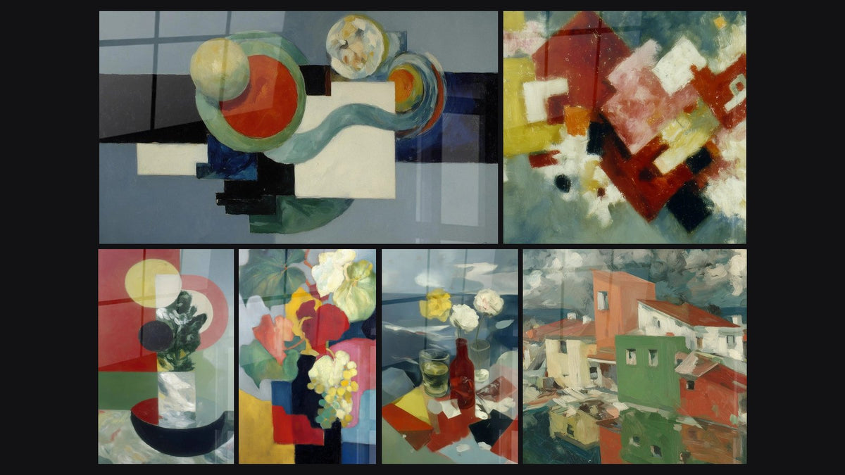 Mosaic of six paintings, including Geometric Forms Anarchic Dance and Geometric Forms Controlled Chance