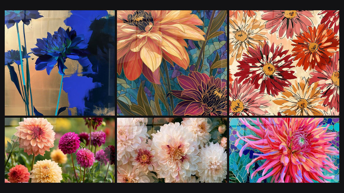 Mosaico de seis cuadros, entre ellos Dahlias azul marino y dorado pintados y Dahlias naranjas y púrpuras estilo vitral