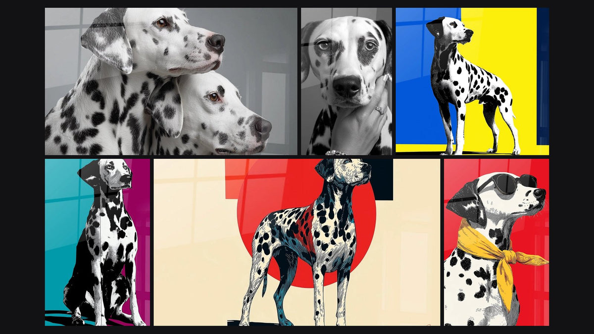 Mosaik aus sechs Gemälden, darunter Duo von Dalmatinern Vertraut und Dalmatiner Pop-Art Zweifarbiges