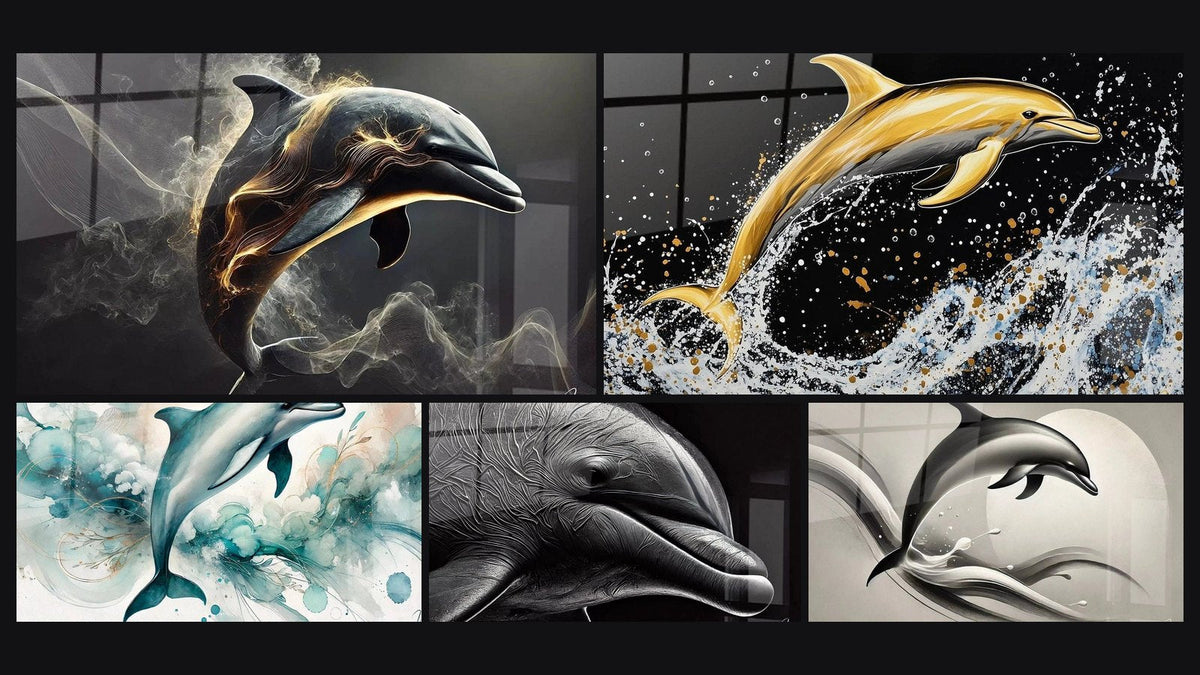 Mosaico de cinco cuadros, entre ellos Salto Etéreo, Delfín espuma de oro y Sinfonía Azul