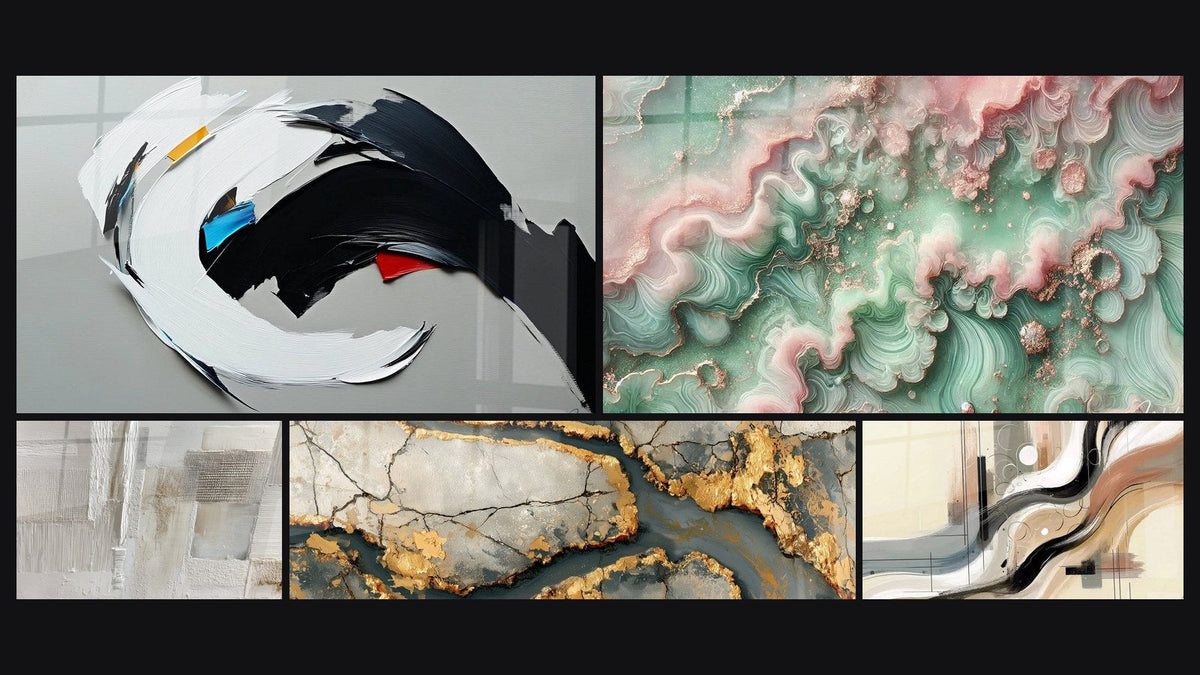Mosaïque de cinq tableaux, dont Abstrait dynamique, Marbrure dorée aux failles anthracite et Sillage Abstrait