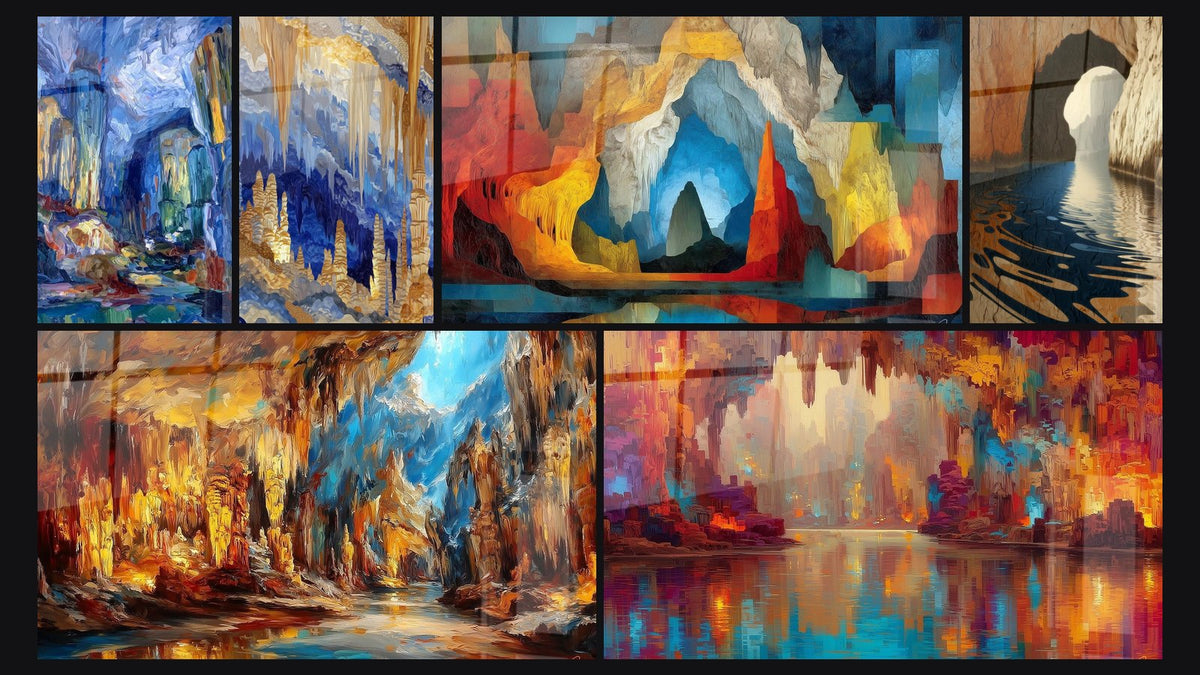 Mosaik aus sechs Gemälden, darunter Beleuchtete Grotte, Meeresgrotte mit goldenem Glanz und Beleuchtete Unterwelt-Grotte
