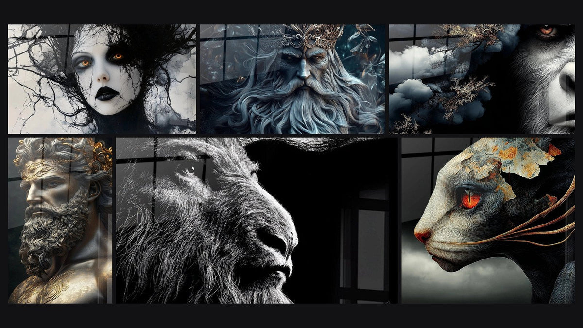 Mosaïque de six tableaux, dont Lilith N°1, Zeus N°1 et Odin N°1