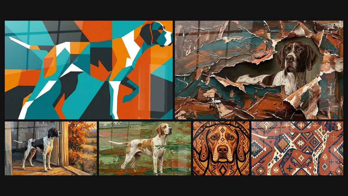 Mosaico di sei quadri, tra cui Cane Pointer nell'Imboccatura di una Porta e Cane Pointer in Cortecce Strappate