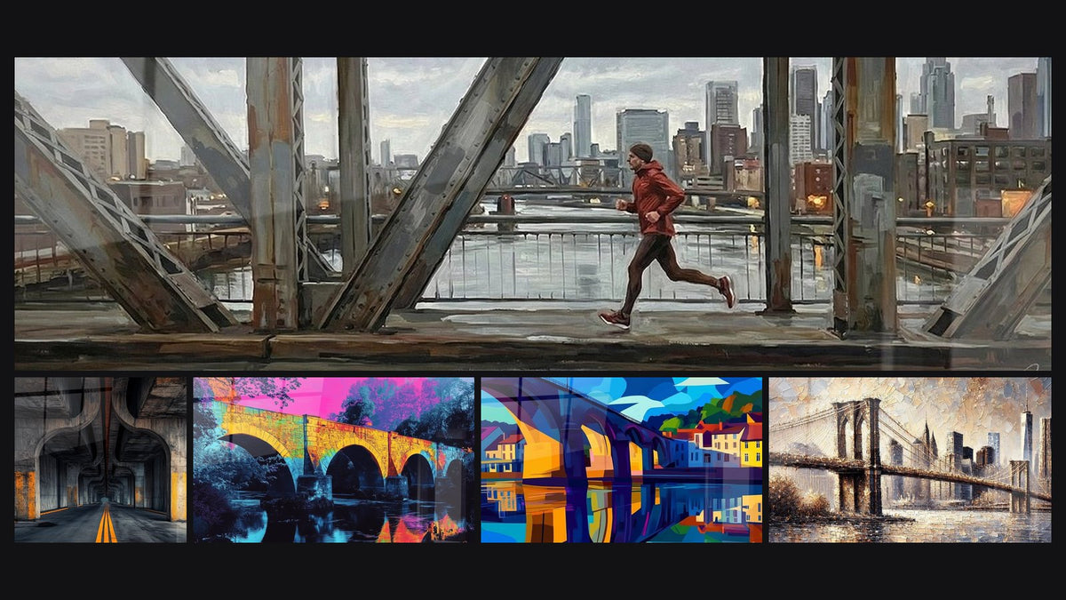 Mosaico di cinque quadri, tra cui Corridore urbano su ponte metallico e Ponte Urbano Moderno