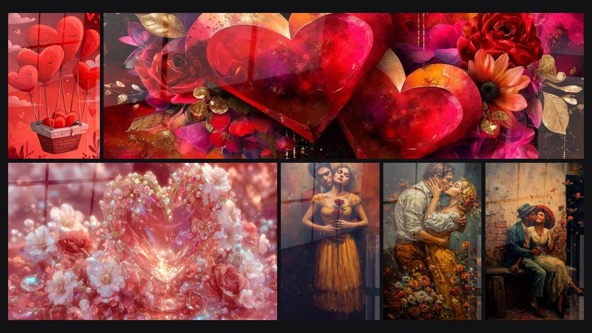 Mosaïque de six tableaux, dont Ballons Cœurs Amour Suspendu, Cœur floral Cristaux de Tendresse et Couple Tendresse Infinie