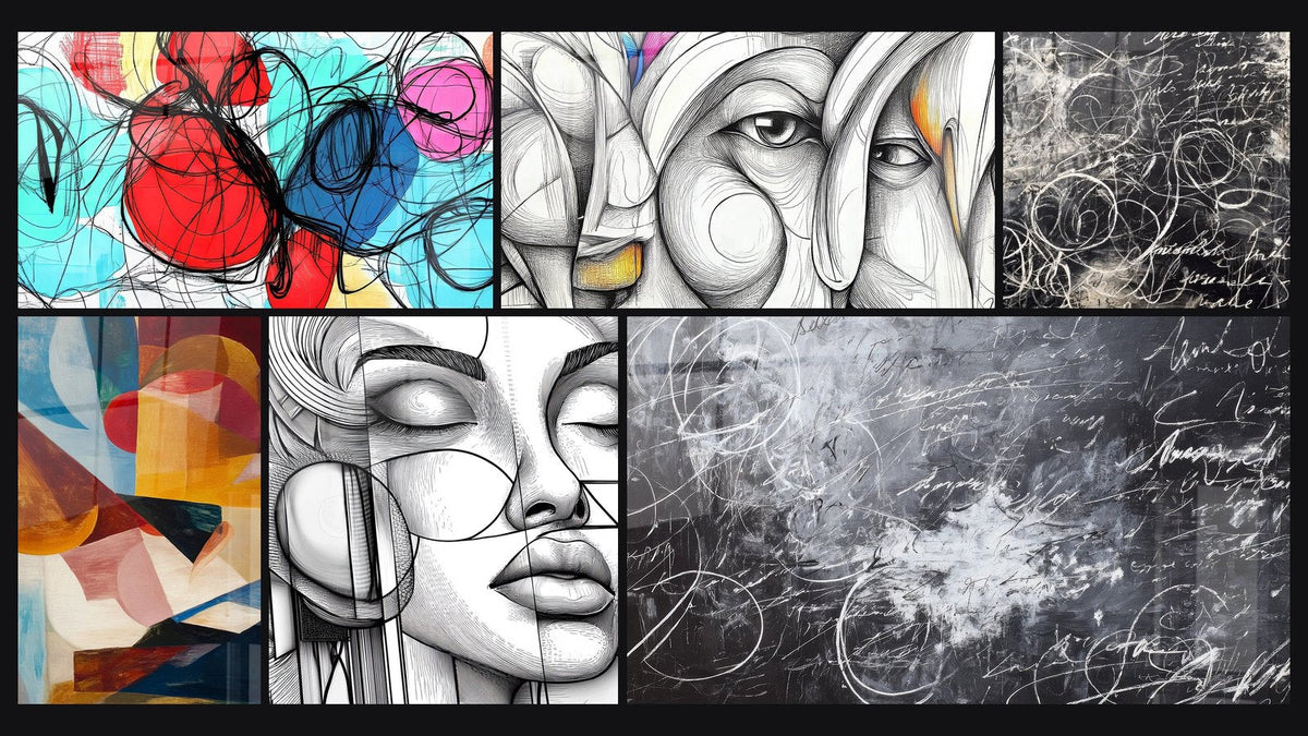Mosaïque de six tableaux, dont Abstrait coloré, Visage féminin abstrait et Formes géométriques abstraites