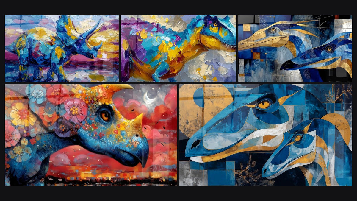 Mosaik aus fünf Gemälden, darunter Farbiger T-Rex und Stilisierte Meeresdinosaurier