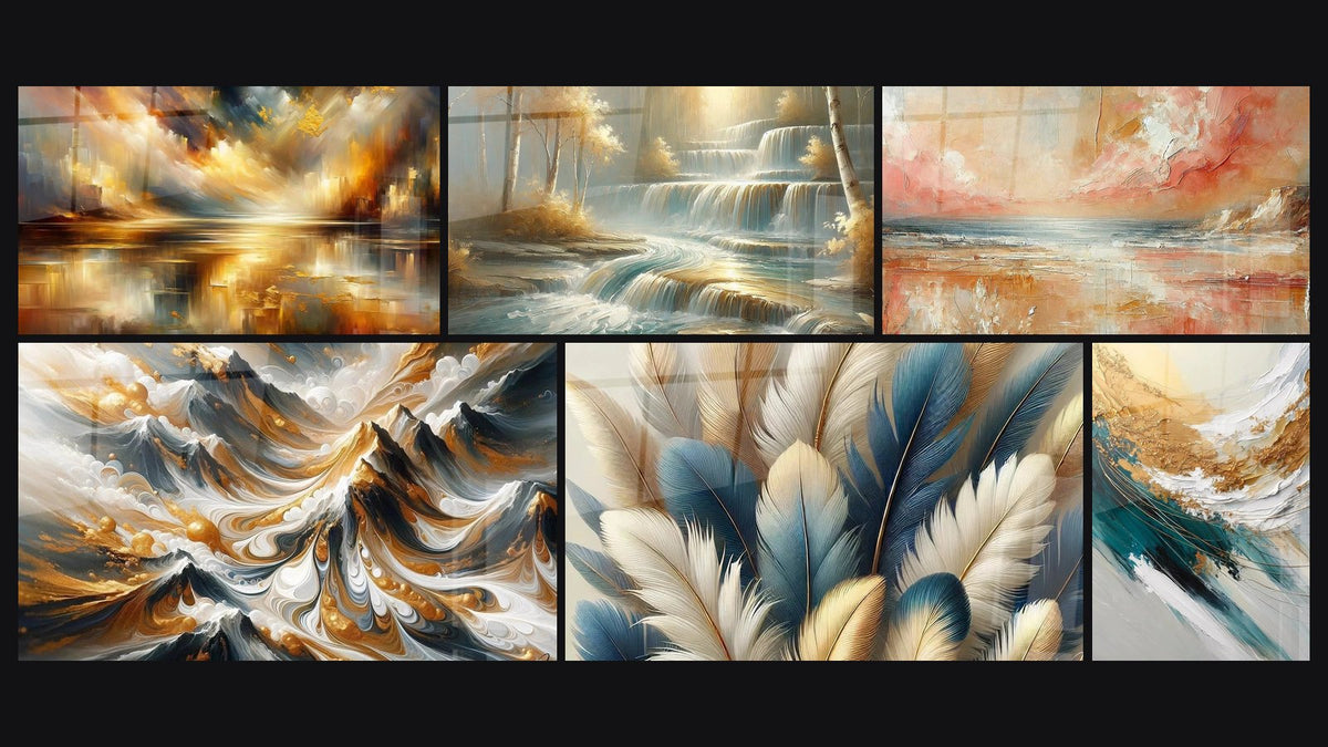 Mosaic of six paintings, including Golden Reflections City, Golden Crests and Golden Cascade