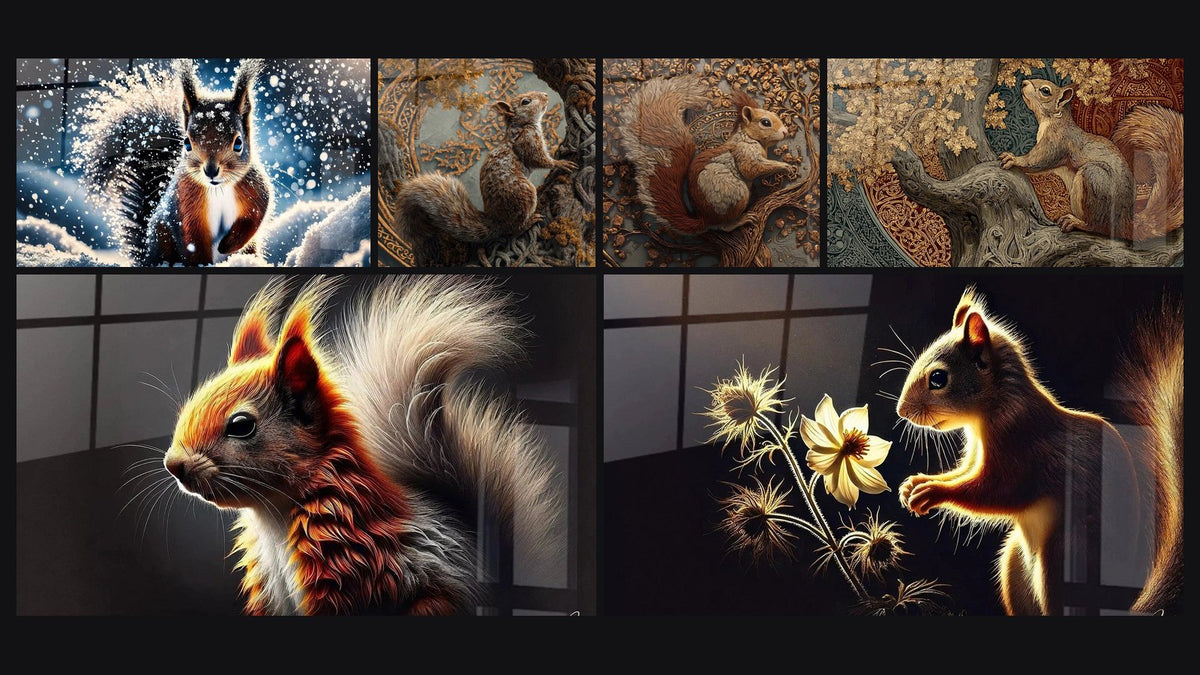 Mosaik aus sechs Gemälden, darunter Winterzauber, Sanftheit des Eichhörnchens und Ornamentale Eichhörnchen-Tafel