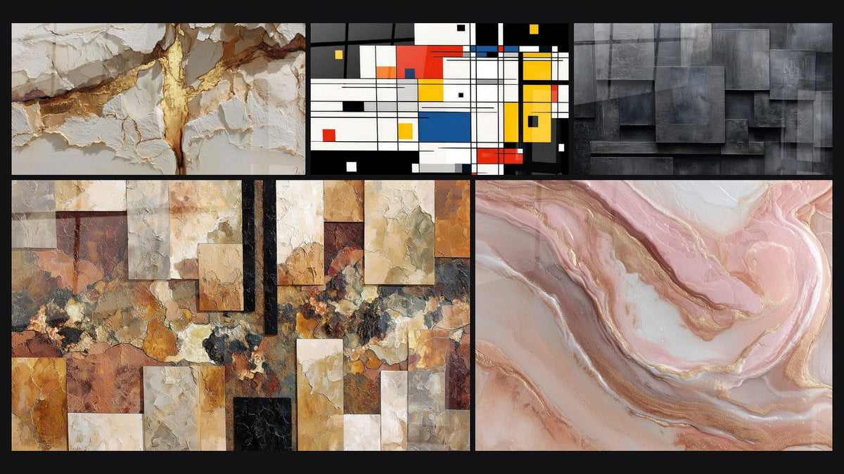 Mosaïque de cinq tableaux, dont Composition géométrique colorée