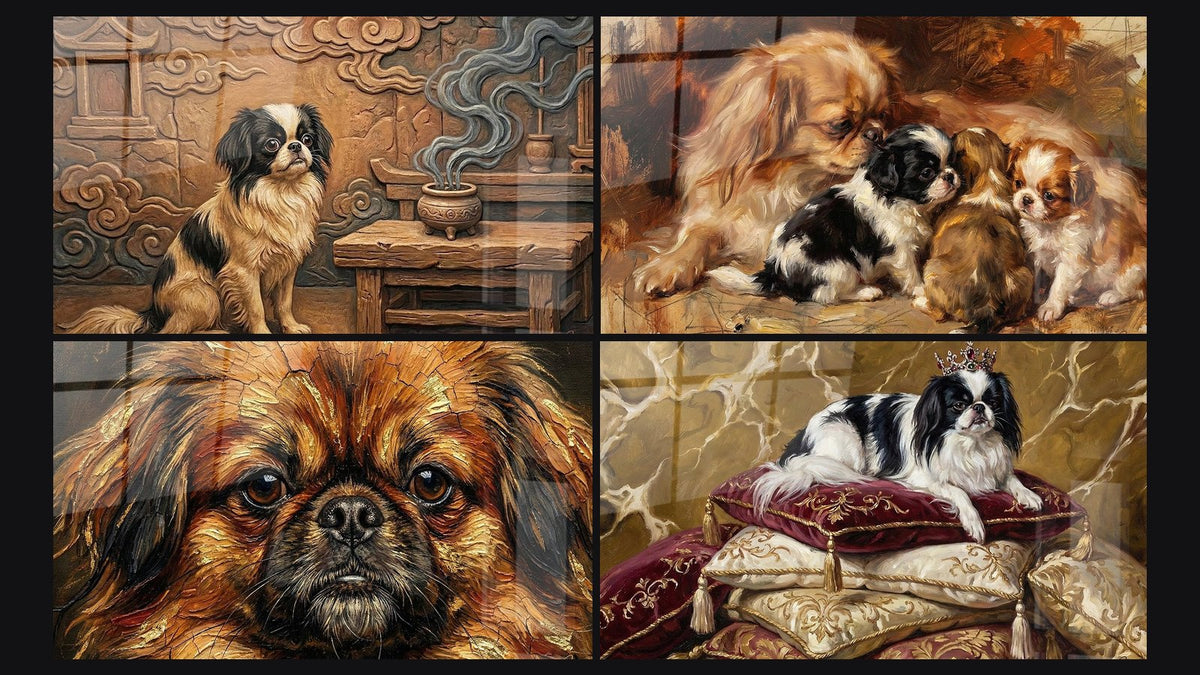 Mosaïque de quatre tableaux, dont Portrait aux Tons Dorés et Cuivrés et Mère et Chiots aux Tons Dorés