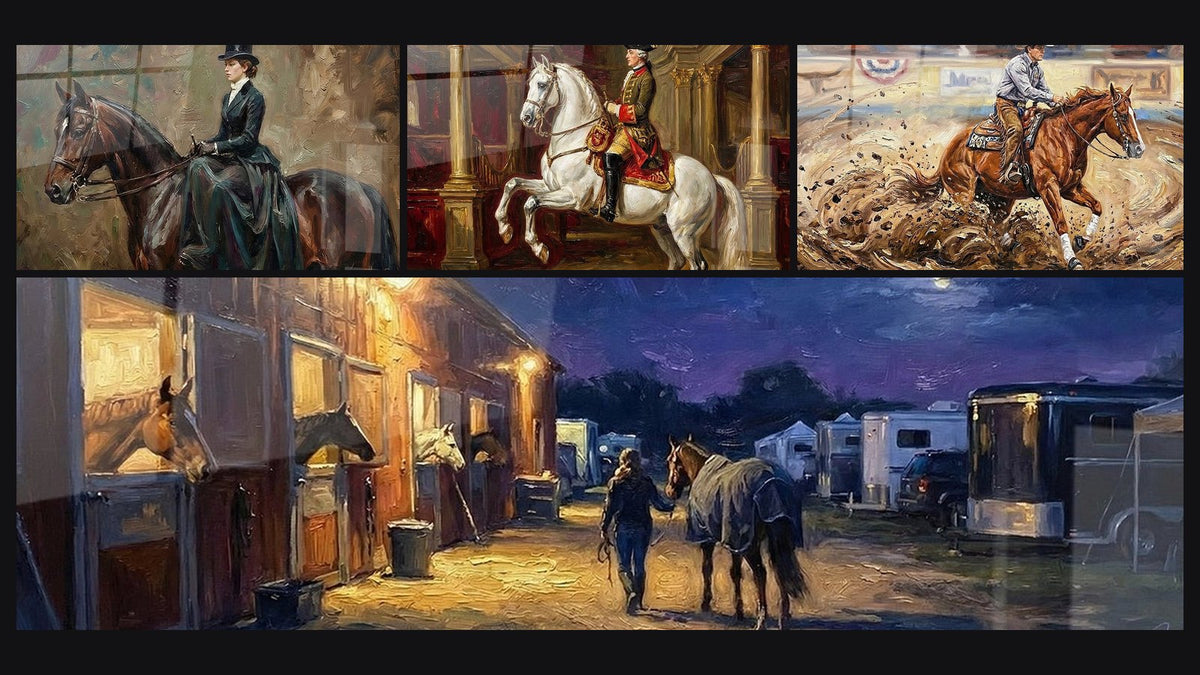 Mosaico di quattro quadri, tra cui Cavaliere Vittoriano, Stalle Notturne e Cavalier Royal su Cavallo Bianco
