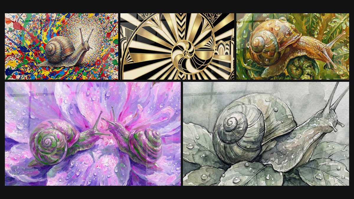 Mosaico di cinque quadri, tra cui Lumache Viola e Rosa su Fiore Fantastico