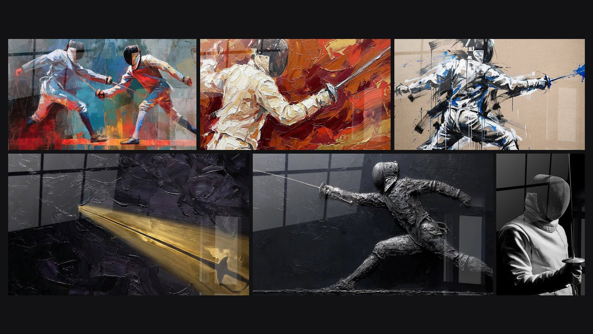 Mosaico de seis cuadros, entre ellos Asalto de Espada, Escrimador Combate y Espada Dorada