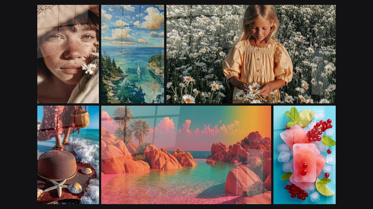 Mosaïque de six tableaux, dont Portrait Tendresse Estivale, Voilier lumière estivale et Chapeau Étoile marine