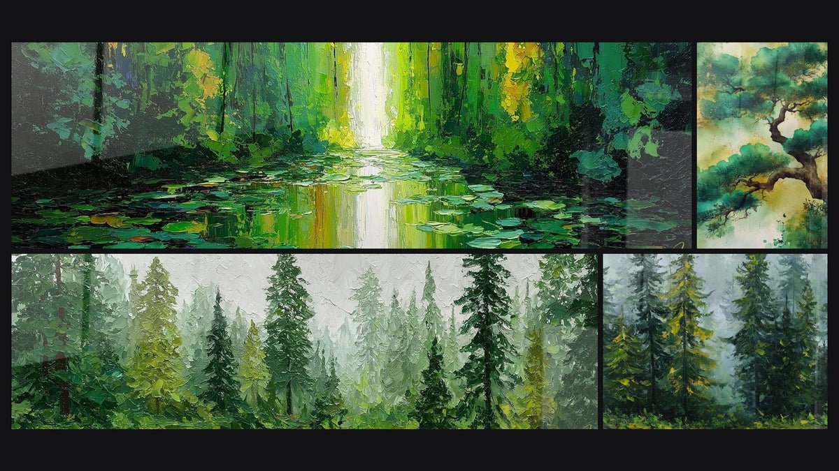 Mosaico de cuatro cuadros, entre ellos Bosque Esmeralda con Reflejos Dorados