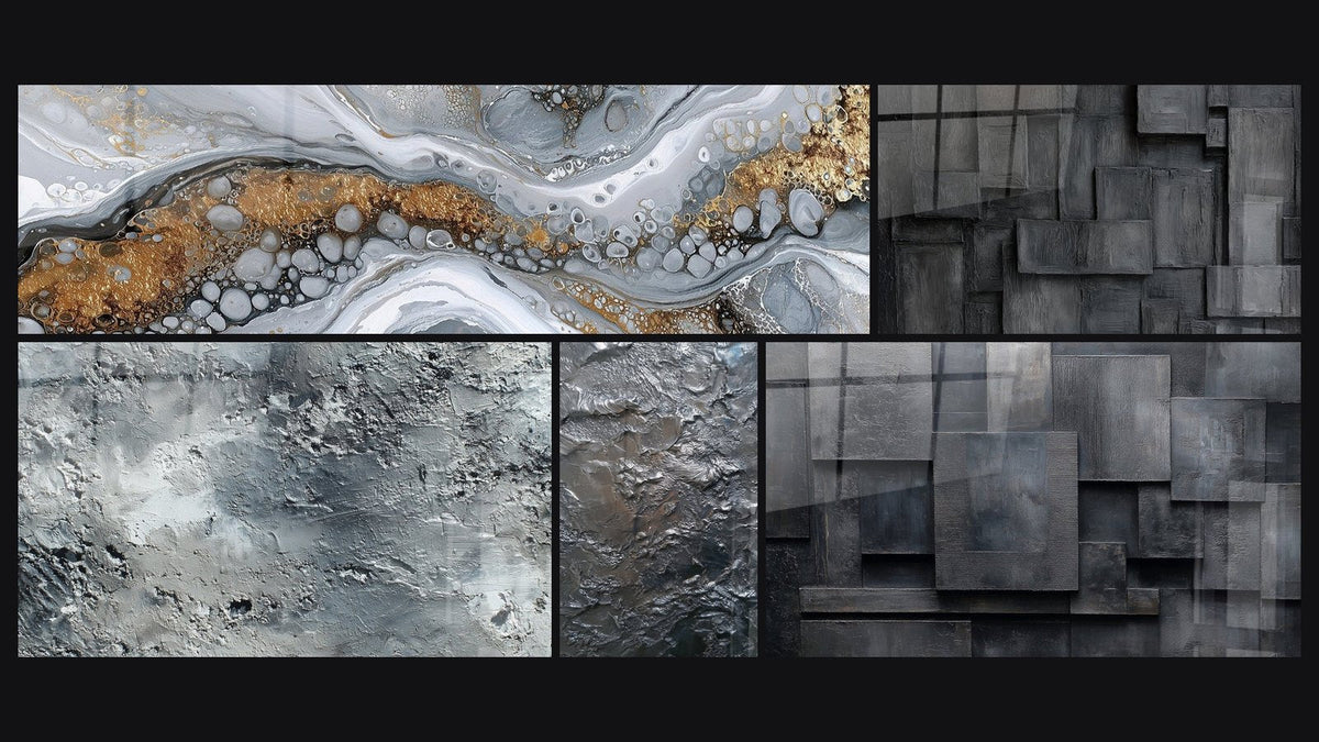 Mosaico de cinco cuadros, entre ellos Abstracto Fluido Gris y Oro y Abstracto gris plateado texturizado