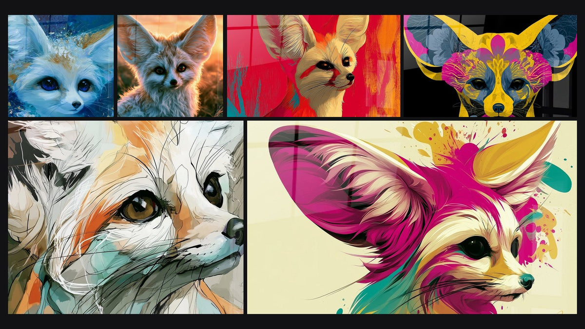 Mosaïque de six tableaux, dont Fennec blanc et bleu aux yeux saphir et Fennec blanc et orange traits esquissés