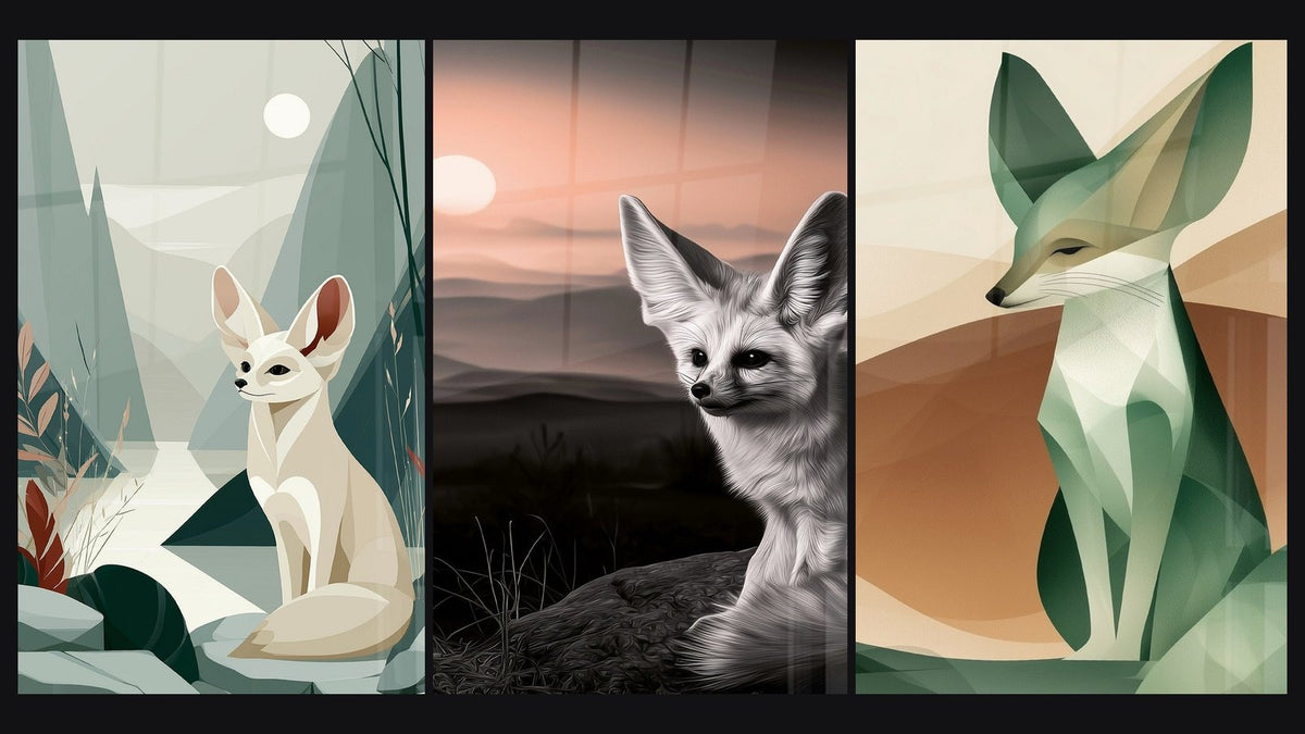 Mosaïque de trois tableaux, dont Fennec crème et vert sous une pleine lune et Fennec blanc et noir sous soleil pâle