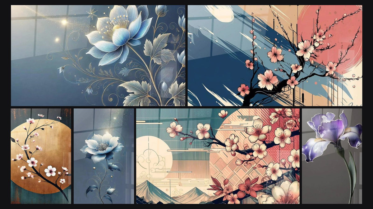Mosaico di sei quadri, tra cui Fiore di Luce, Fiore di Luna e Poesia in Blu
