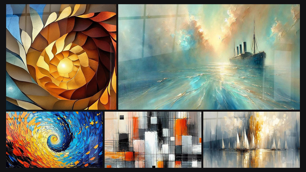 Mosaico de cinco cuadros, entre ellos Espiral dorada tridimensional, Espiral cósmico colorido y En El Corazón de la Brisa