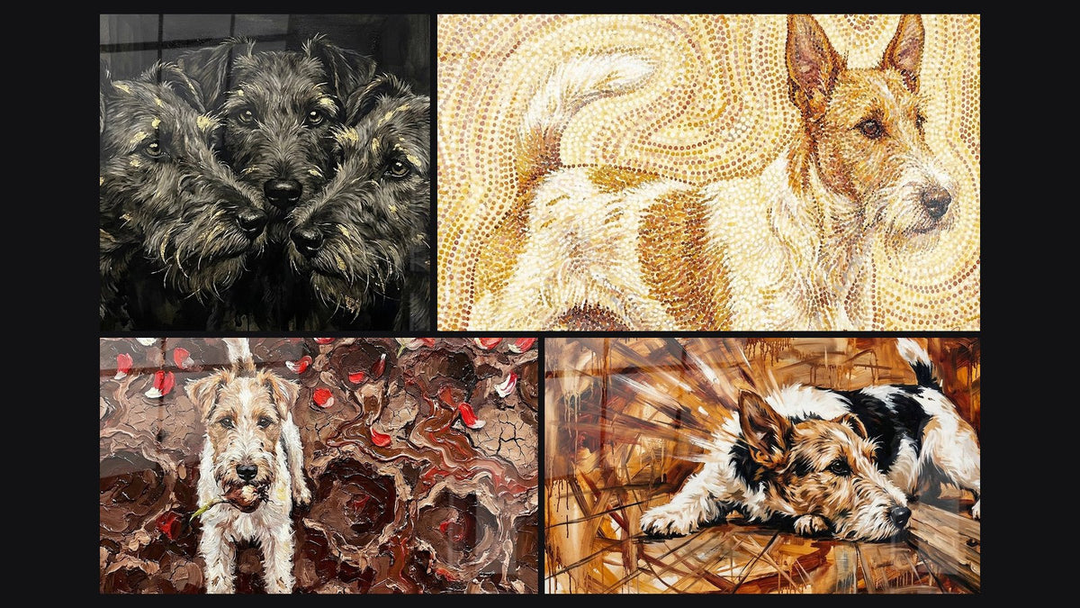 Mosaïque de quatre tableaux, dont Trio de Fox Terriers aux Touches Dorées et Chien aux Points Dorés en Mosaïque