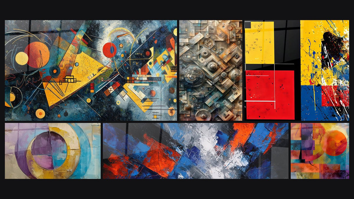 Mosaïque de six tableaux, dont Composition abstraite dynamique et Complexité Mécanique Intemporelle