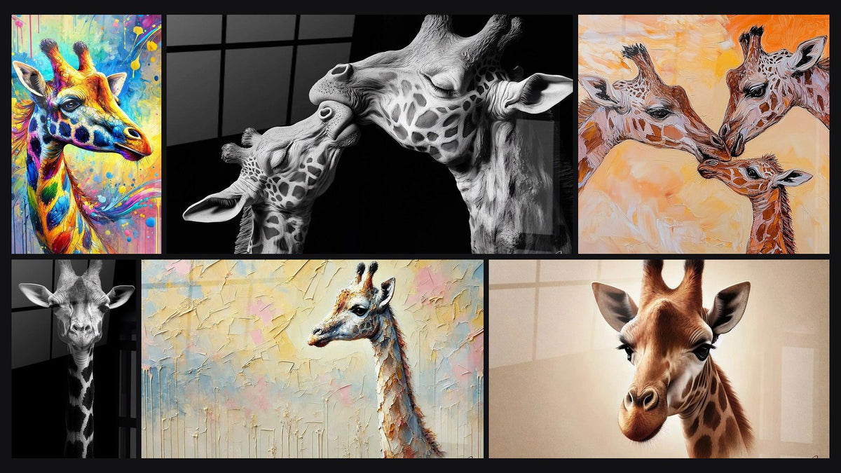 Mosaïque de six tableaux, dont Girafe Eclatante, Girafe liens du cœur et Girafe