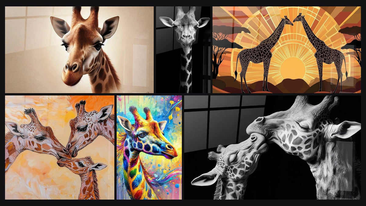 Mosaïque de six tableaux, dont Douceur Sauvage, Girafe et Girafe chaleur des liens