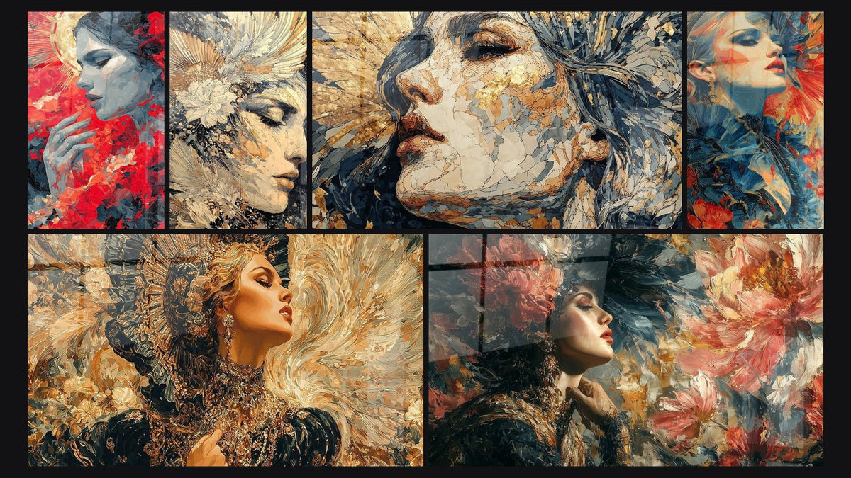 Mosaico di sei quadri, tra cui Donna Sangue Scarlatto, Donna Seraphine Nero e Volto Femminile Lacrime Segrete