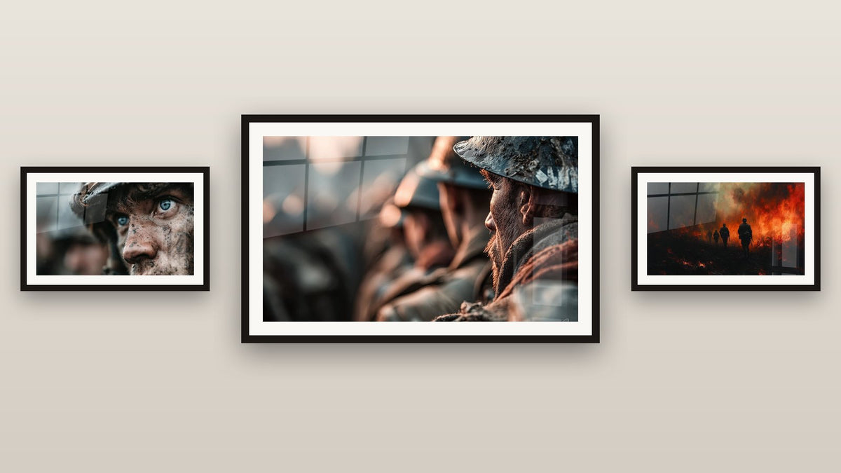 Gallery wall with three framed paintings, including Soldier Helmet Witness and Soldier Mournful Silence
